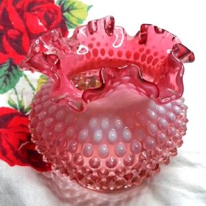 Strawberry Opalescent Hobnail Ruffled Vase